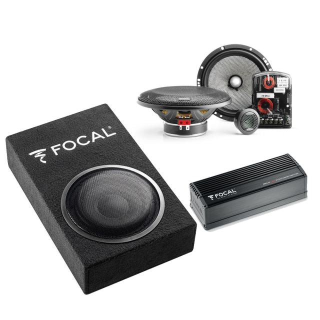 Focal 8" Bass Enclosure + Access 6.5" Component Speakers + Amp Package Deal