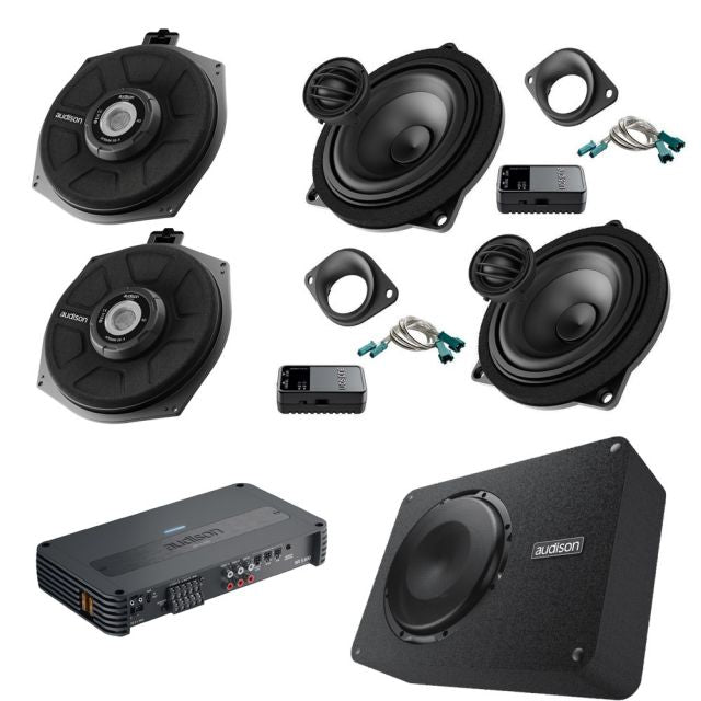 Audison BMW 4" Component Speakers + Underseat Subs + 5 Channel Amp Bass