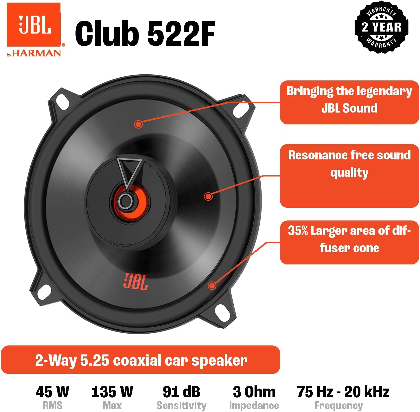 JBL Club 522F - Club Series 5.25" 2-Way Car Coaxial Speakers