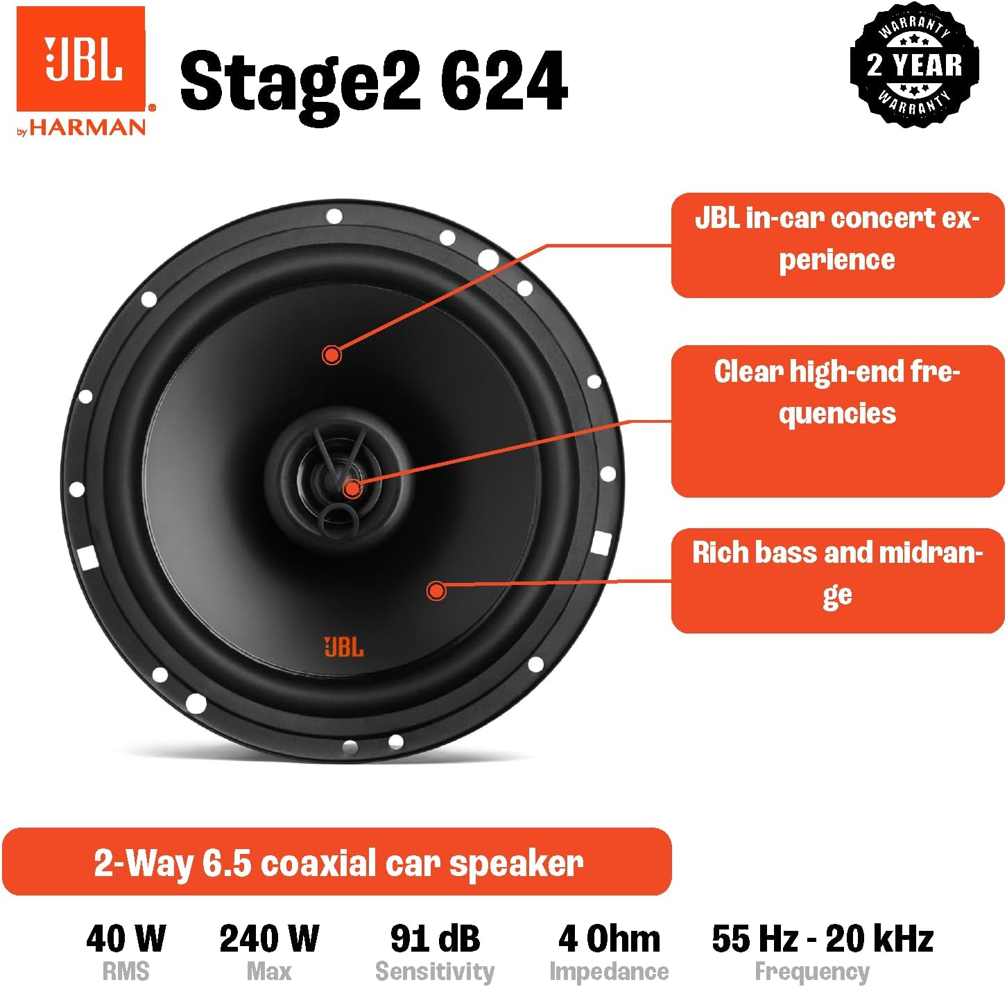 JBL STAGE2 624 - 6.5" 2-Way Coaxial Speakers 480W Total Power