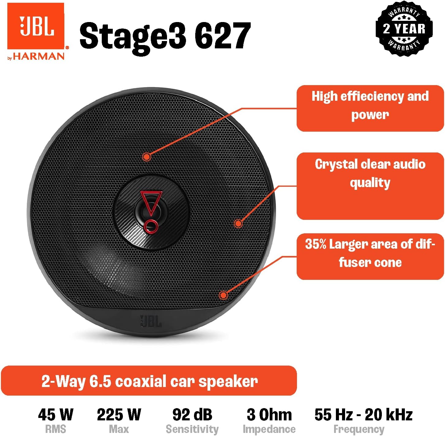 JBL STAGE3 627 - 6.5" 2-Way Coaxial Speakers 450W Total Power
