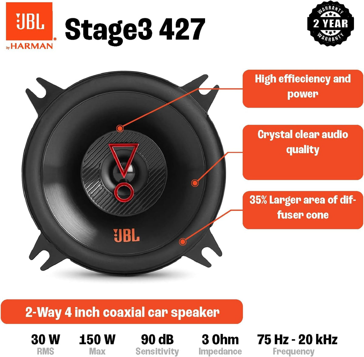 JBL STAGE3 427 - 4" 2-Way Coaxial Speaker 300W Total Power