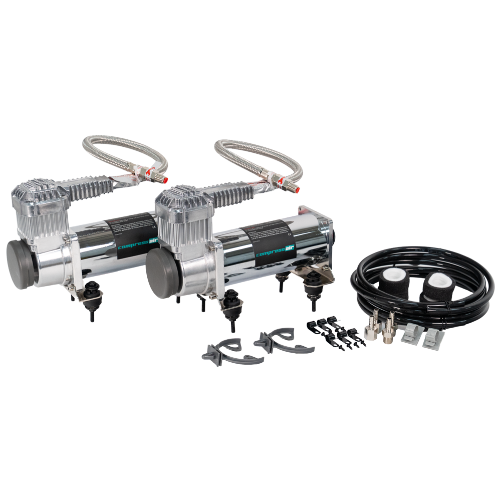Air Suspension Air Compressor With Reduced Vibration Chrome Dual Kit