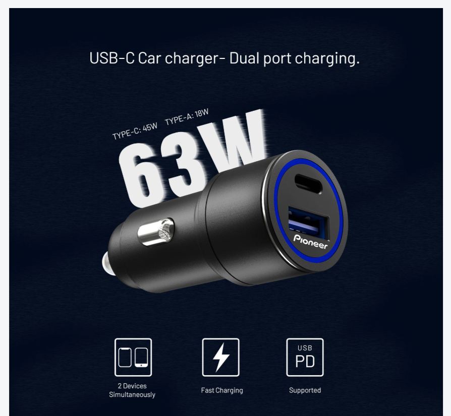 Pioneer SDA-CG110CA Dual USB-C & USB-A Fast Car Charger with Blue Led Indicator