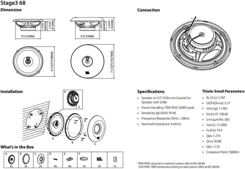 JBL Stage3 68 - Gen2 6.5″ 2 Way Coaxial Car Speaker 560W