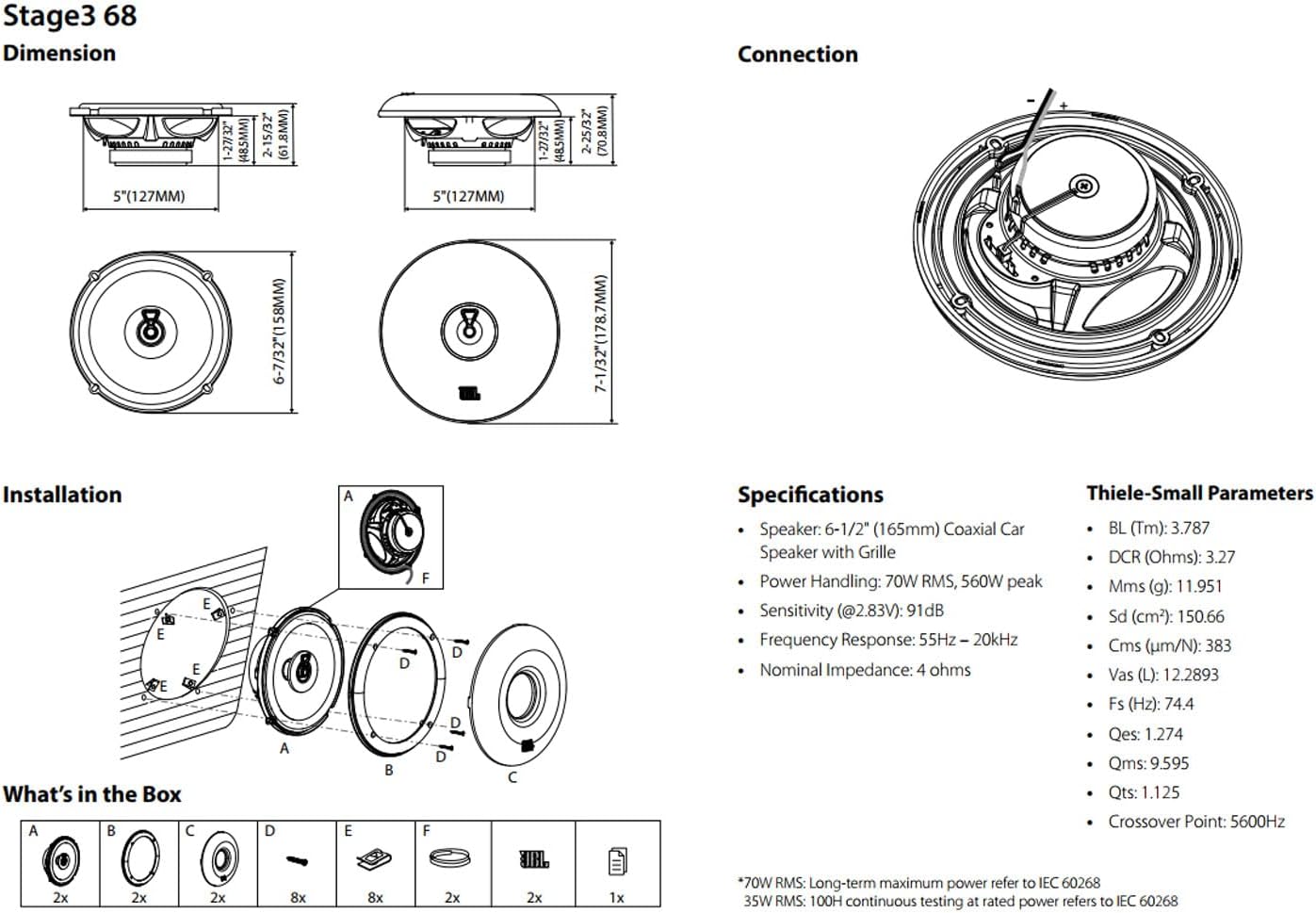 JBL Stage3 68 - Gen2 6.5″ 2 Way Coaxial Car Speaker 560W