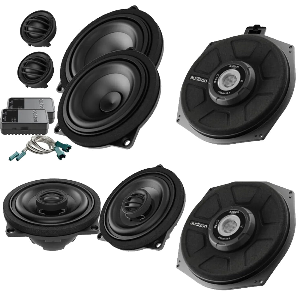 Audison BMW 4" 2-Way Front Components & Rear Coaxial Speaker & Underseat Subwoofer