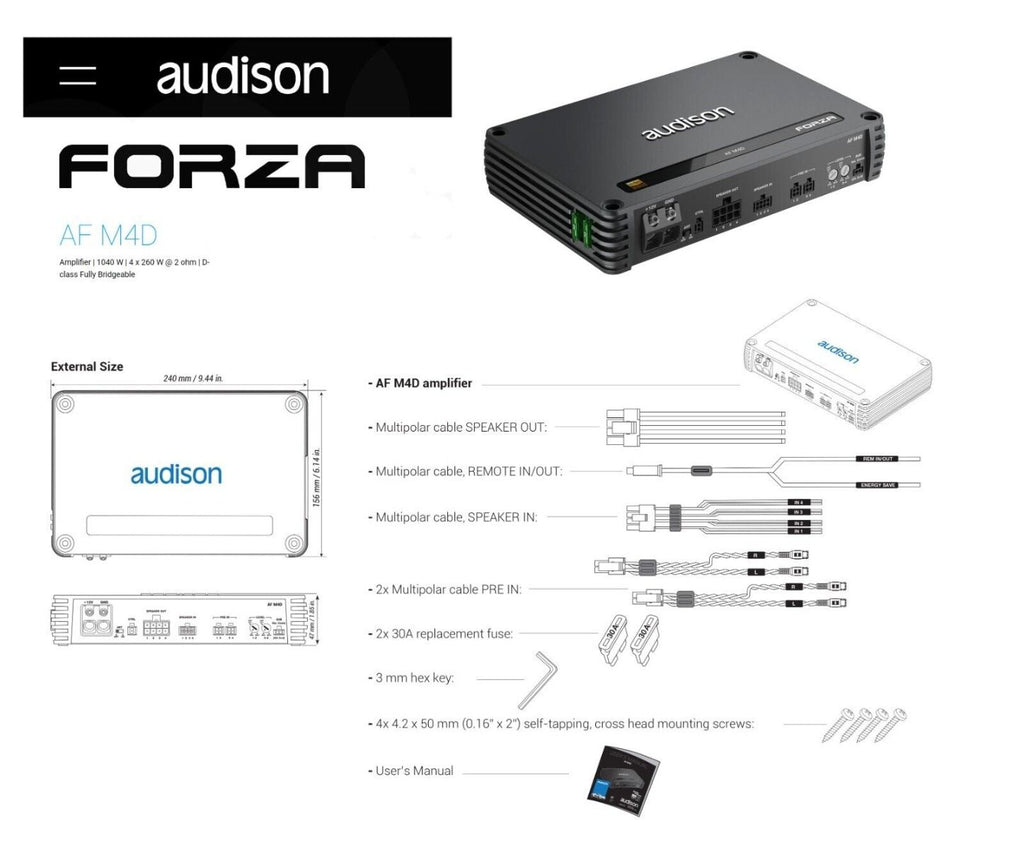 Audison Forza AF M4D Amplifier 4 Channel Bridgeable Class D Amp 1040W RMS