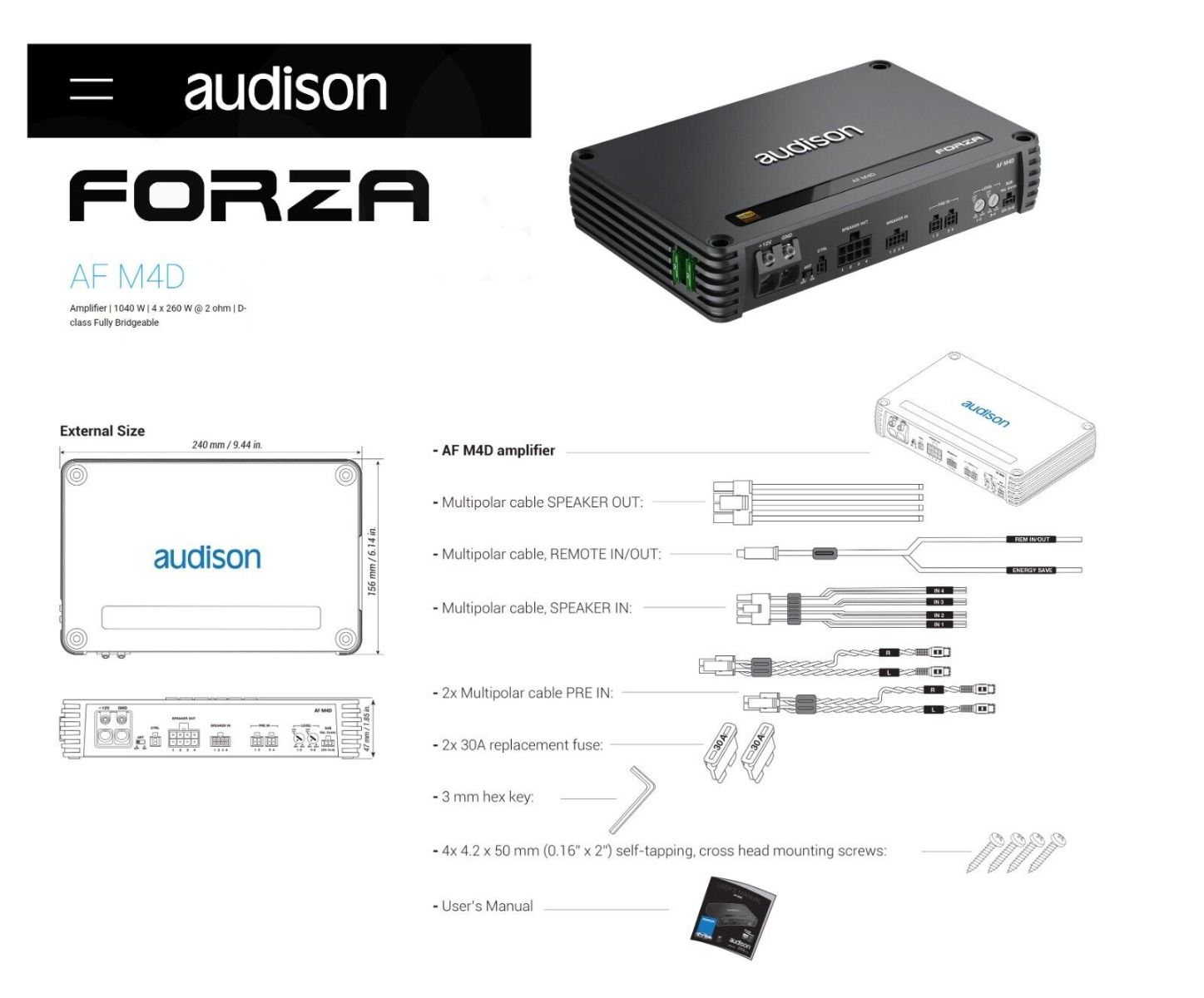 Audison Forza AF M4D Amplifier 4 Channel Bridgeable Class D Amp 1040W RMS