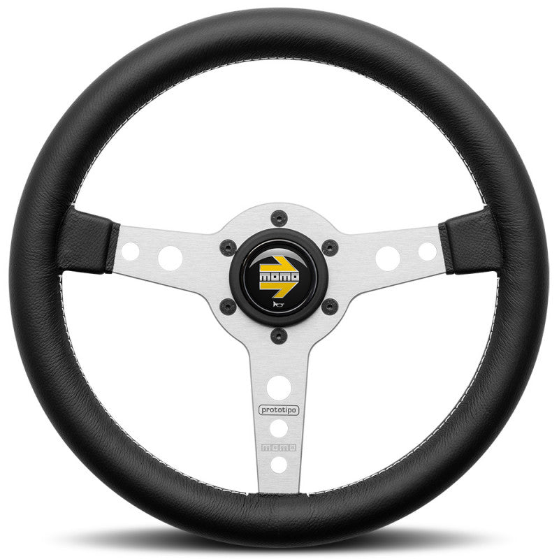 Momo Prototipo - Black Leather Silver Spoke Steering Wheel