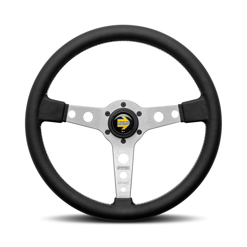 Momo Prototipo - Black Leather Silver Spoke Steering Wheel