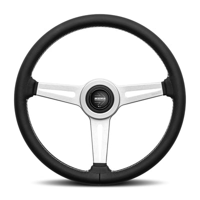 MOMO Retro - Black Leather Steering Wheel Silver Aluminium Spokes 360mm
