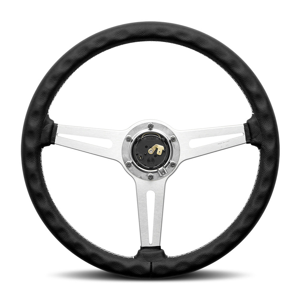 MOMO Retro - Black Leather Steering Wheel Silver Aluminium Spokes 360mm