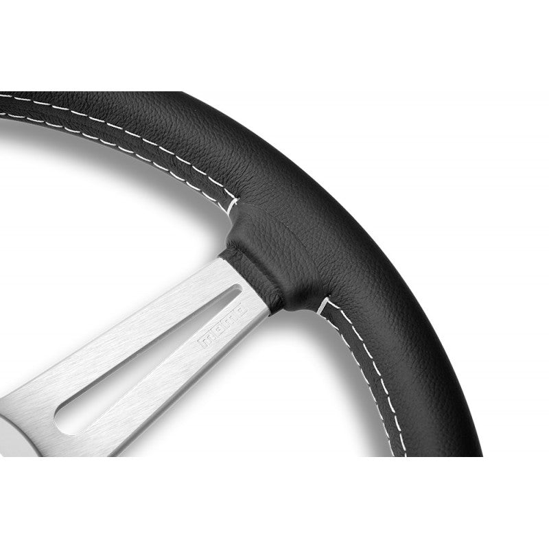 MOMO Retro - Black Leather Steering Wheel Silver Aluminium Spokes 360mm