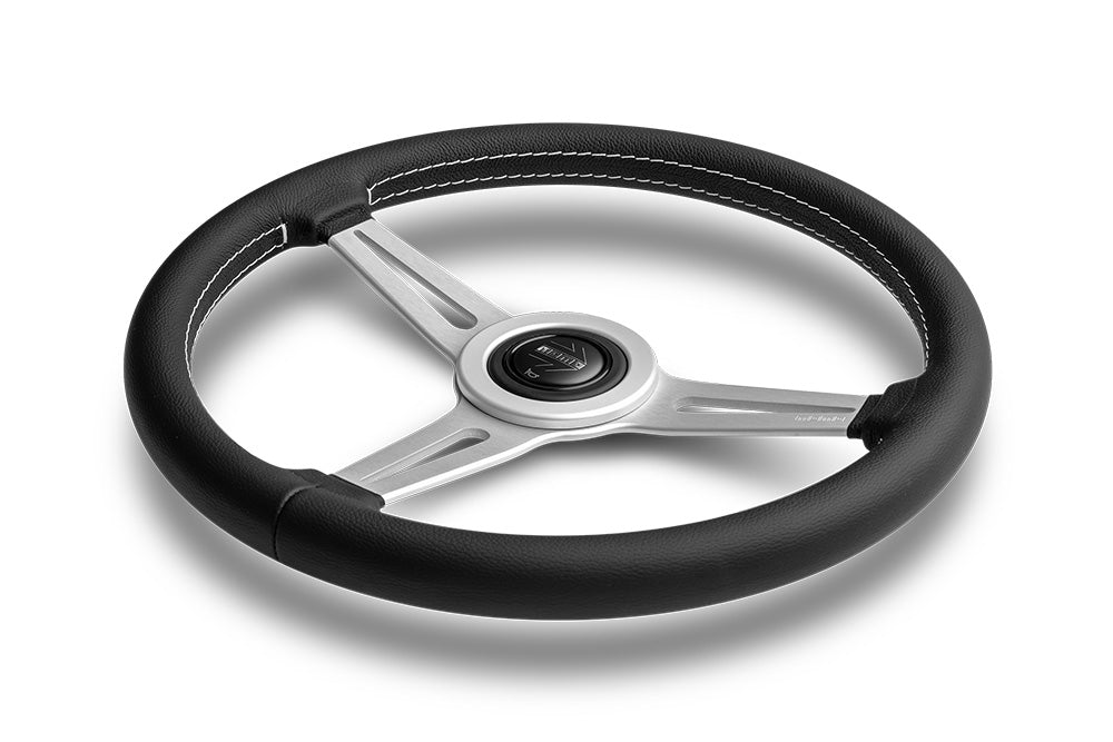 MOMO Retro - Black Leather Steering Wheel Silver Aluminium Spokes 360mm