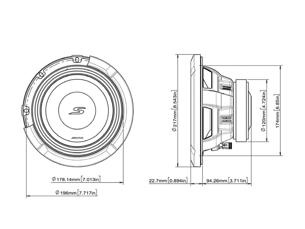 Alpine S2-W8D2 - 8" S-Series Dual 2 Ohm Car Subwoofer 900W
