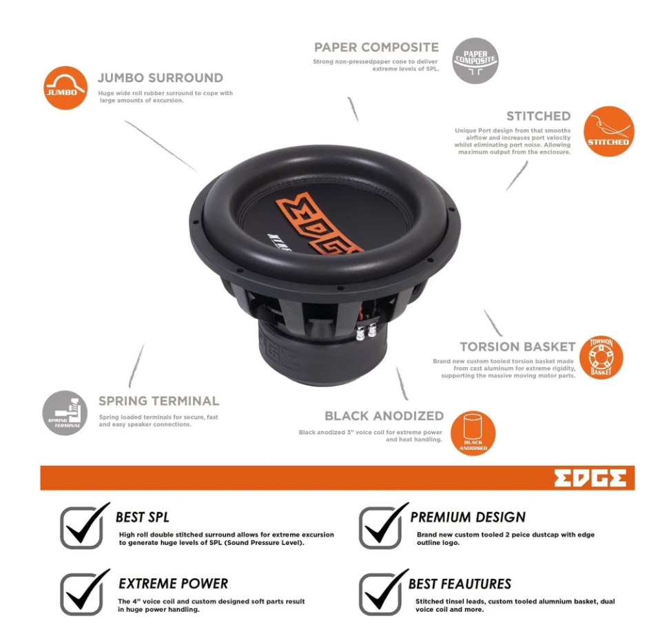 Edge EDX15D2-E3 - 15 Inch Dual 2 Ohm Car Subwoofer 4500W
